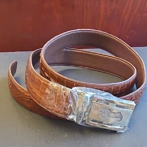 Brown Croc-Embossed Leather Belt with Silver Buckle